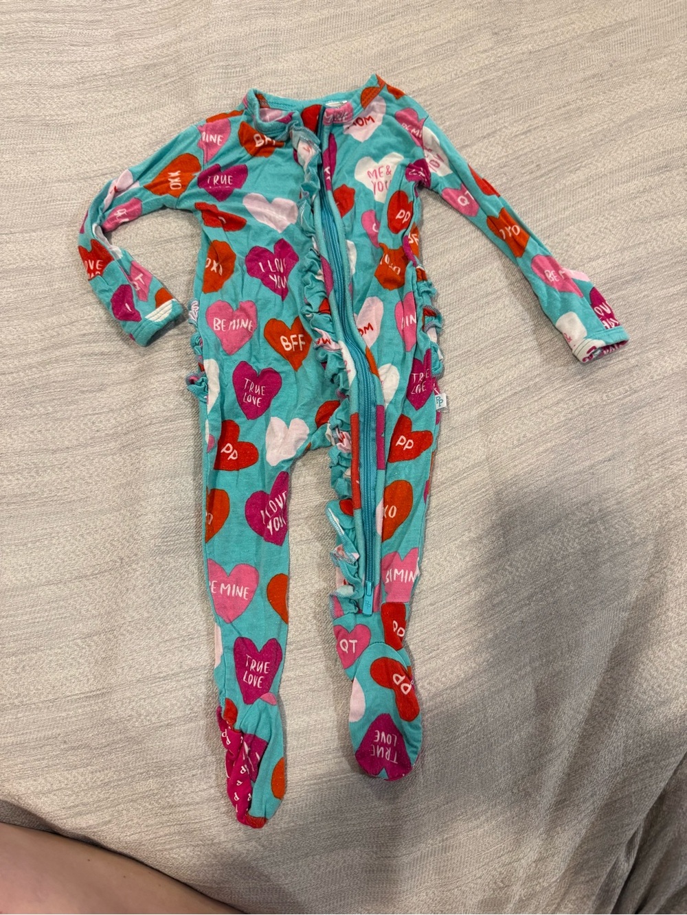 Posh Peanut Turquoise Heart-Print One-Piece Footie Pajamas